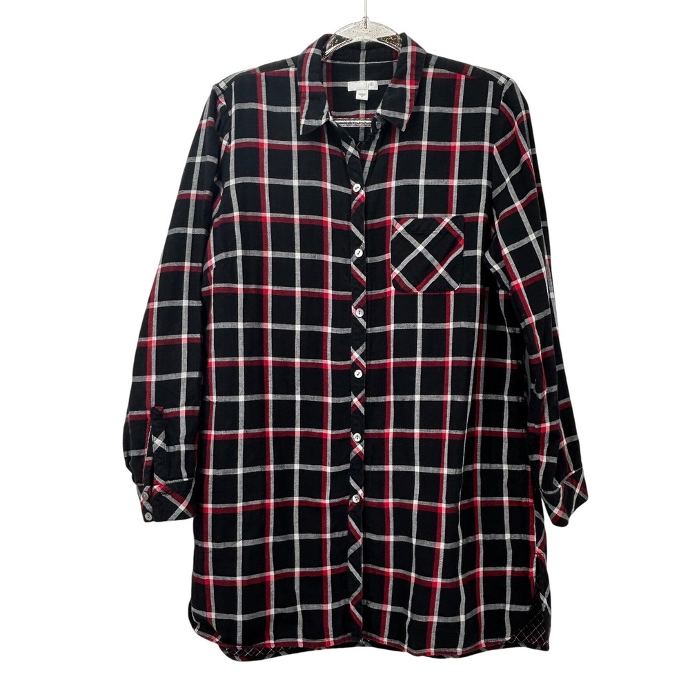 J. Jill Womens Black Red Plaid Longline Button‎ Down Tunic Top Pocket Medium